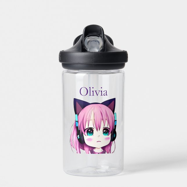 Botella De Agua Chica Kawaii Personalizada con Auriculares (Delante)