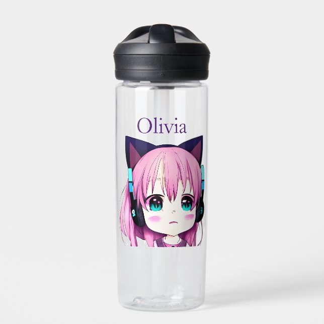 Botella De Agua Chica Kawaii personalizado con auriculares en (Delante)