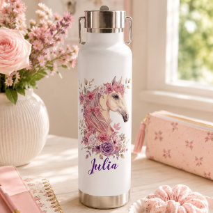 Botella De Agua Chica Monograma Floral Rosa Púrpura Caballo