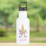 Botella De Agua Chica personalizado de unicornio floral de color a<br><div class="desc">Personalizado unicornio botella de agua para un chica. Este bonito diseño cuenta con flores color agua rosa,  morado y azul y una cara de unicornio.</div>