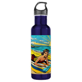 Botella De Agua Chica Pinup bonito en la playa