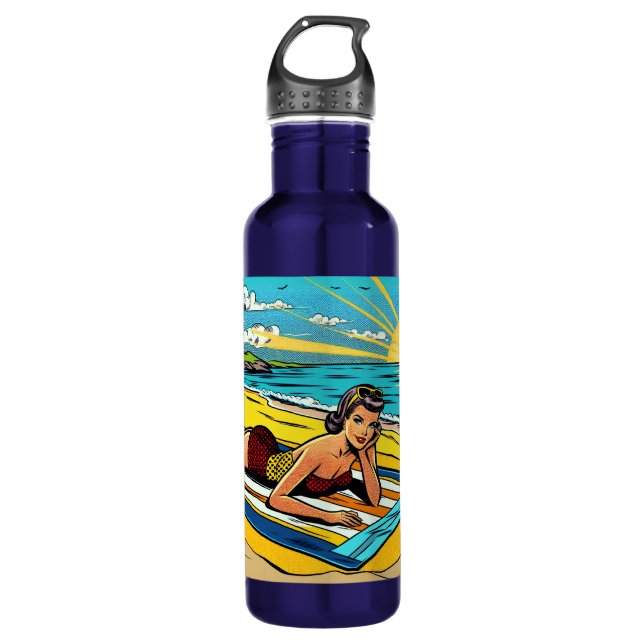 Botella De Agua Chica Pinup bonito en la playa (Anverso)