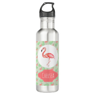 Botella De Agua Chica Tropical Watercolor Flamingo y Nombre