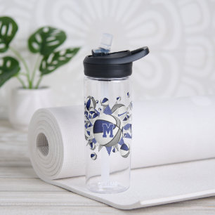 Botella De Agua chicas de baloncesto de color gris azul monogramad