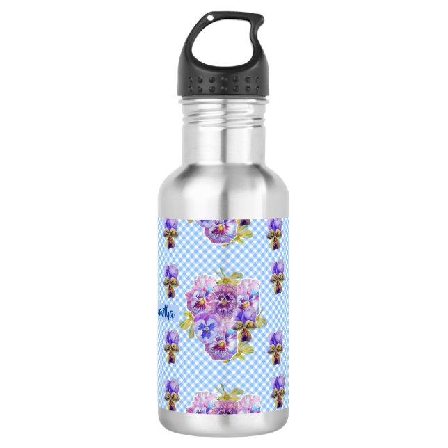 Botella De Agua Chicas de las Flores Shabby Pansy Floral Blue Ging (Anverso)