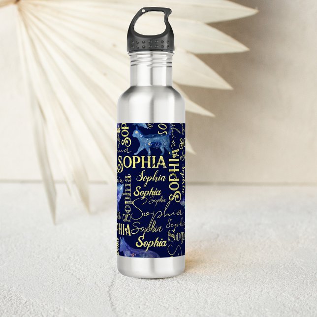 Botella De Agua Chicas personalizados nombran collage de animales  (Celestial animals personalized girls name collage water bottle gifts for girls )