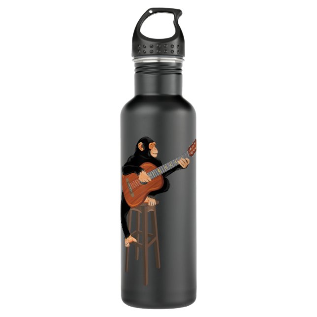 Botella De Agua Chimpancé tocando guitarra acústica. Mono gracioso (Anverso)