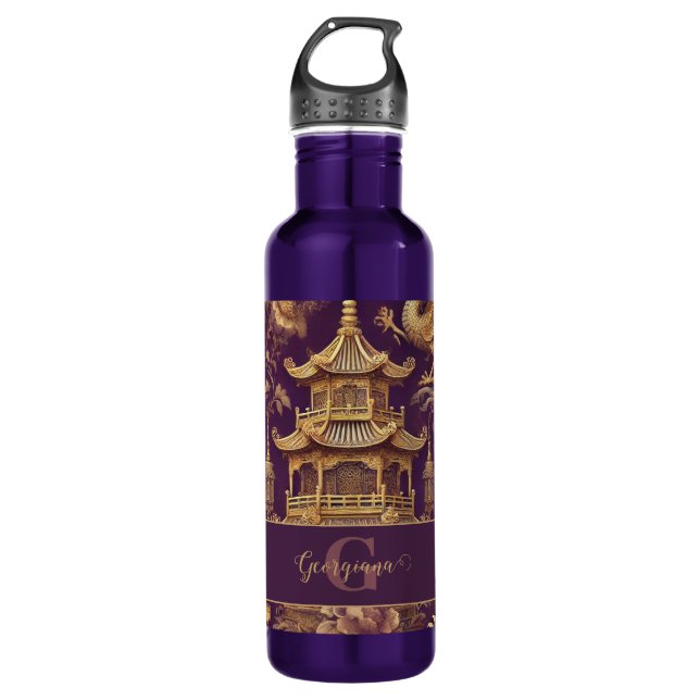 Botella De Agua Chinoiserie victoriana personalizada Purple & Gold (Anverso)