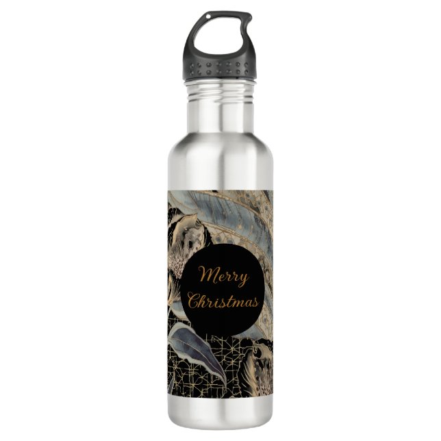 Botella De Agua Christmas,Merry Christmas,Gold Blue Flowers Leaves (Anverso)
