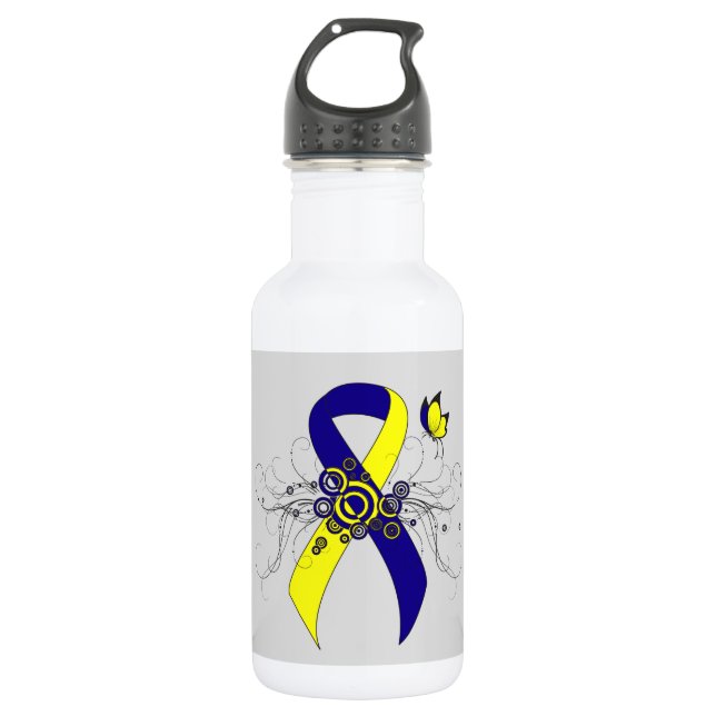 Botella De Agua Cinta de conciencia azul y amarilla con mariposa (Anverso)