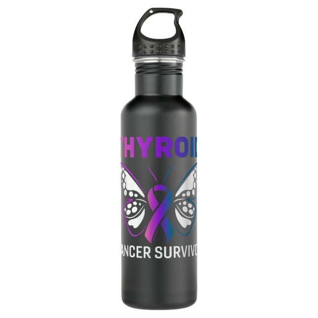 Botella De Agua Cinta de mariposa Sobreviviente de Cáncer Tiroide (Anverso)