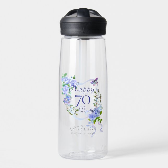 Botella De Agua Cinta de Rosa Azul 70 Cumpleaños (Delante)