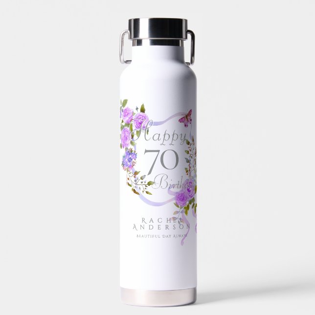 Botella De Agua Cinta de Rosa Púrpura Cumpleaños 70 (Delantero)
