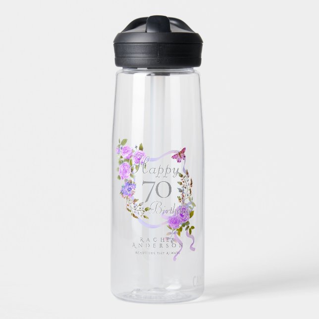 Botella De Agua Cinta de Rosa Púrpura Cumpleaños 70 (Delante)