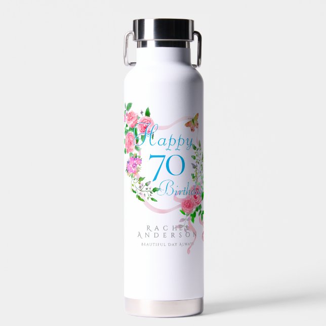 Botella De Agua Cinta de Rosa Rosa Cumpleaños 70 (Delantero)