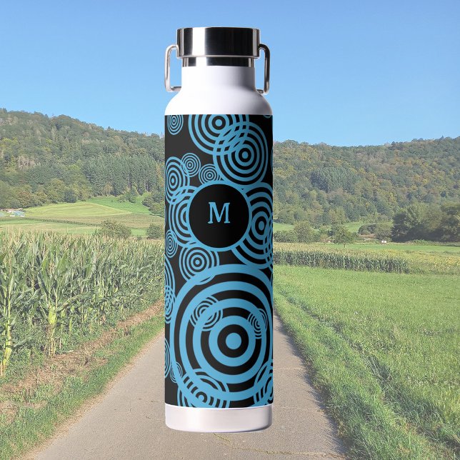 Botella De Agua Círculos azules modernos y de moda en monograma ne (Subido por el creador)