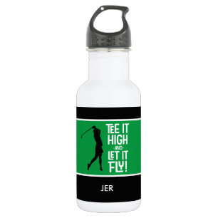 Botella De Agua Cita divertida de golf en Tee negro y verde 18 oz