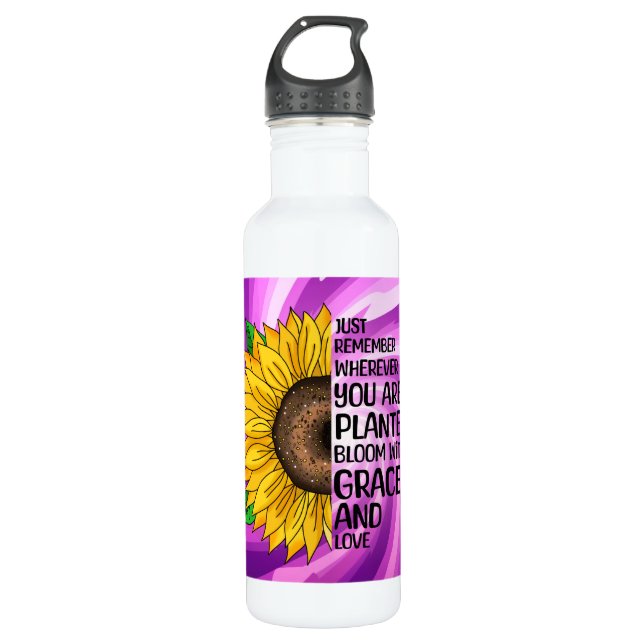Botella De Agua Cita inspiradora y girasol dibujado a mano (Anverso)