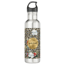 Botella De Agua Cita personalizada Gold Leopard Print Floral
