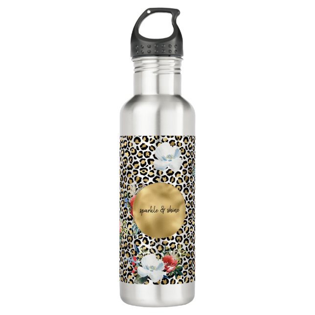 Botella De Agua Cita personalizada Gold Leopard Print Floral (Anverso)