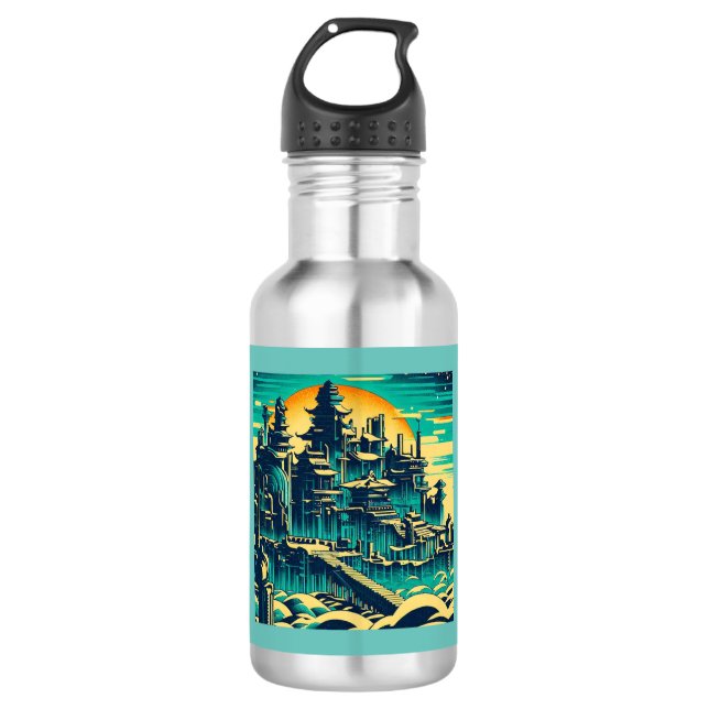 Botella De Agua Ciudad de Atlantis 1 - Estilo Woodblock (Anverso)