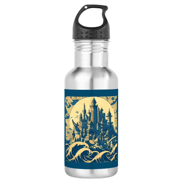 Botella De Agua Ciudad de Atlantis 3 - Estilo Woodblock (Anverso)