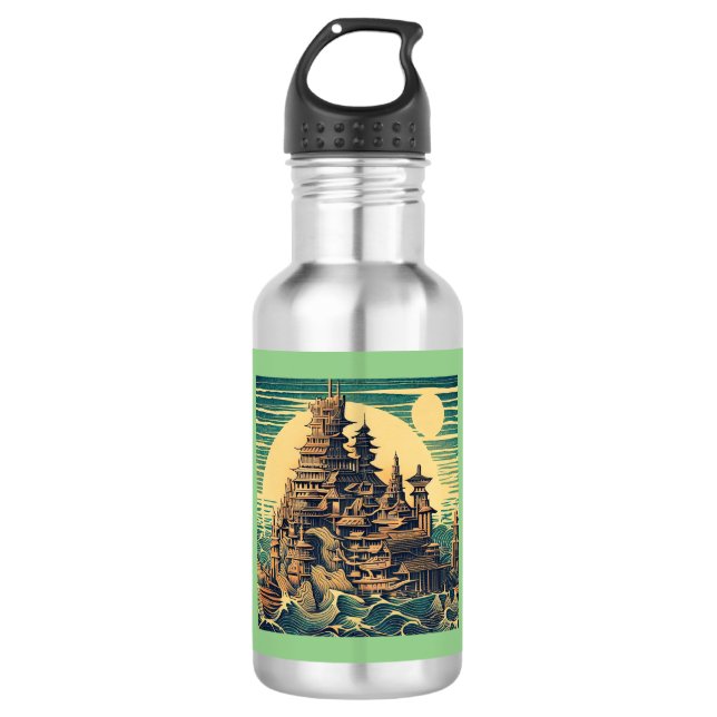 Botella De Agua Ciudad de Atlantis 4 - Estilo Woodblock (Anverso)
