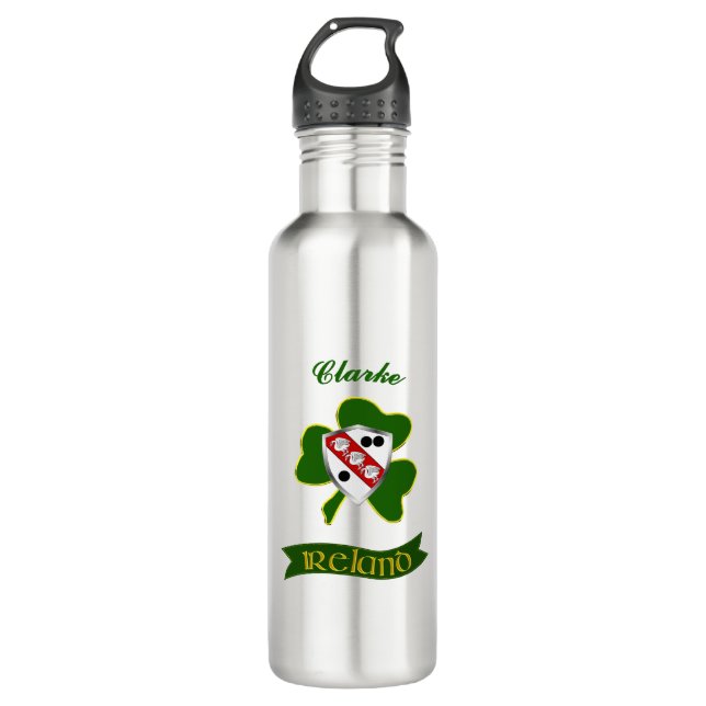 Botella De Agua Clarke Irish Shield y Shamrock personalizado (Anverso)
