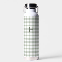 Botella De Agua Clásico Gingham Verde Monograma Moderno