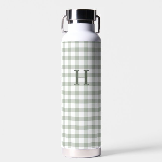 Botella De Agua Clásico Gingham Verde Monograma Moderno (Delantero)