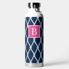 Botella De Agua Coastal Preppy Nautical Monogram - Navy & Hot Pink