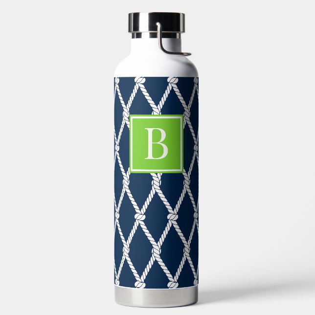 Botella De Agua Coastal Preppy Nautical Monogram - Navy & Lime (Izquierda)