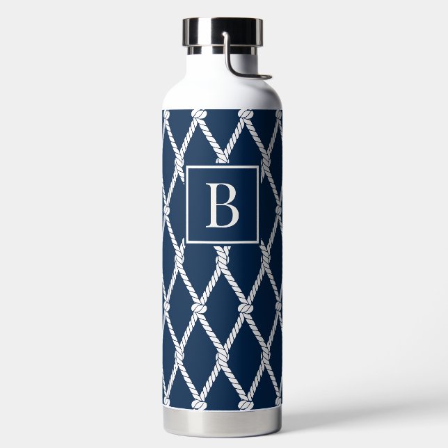 Botella De Agua Coastal Preppy Nautical Monogram - Navy & White (Izquierda)