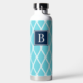 Botella De Agua Coastal Preppy Nautical Monogram  Turquoise & Navy