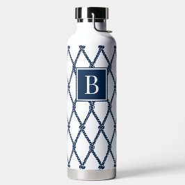 Botella De Agua Coastal Preppy Nautical Monogram - White & Navy