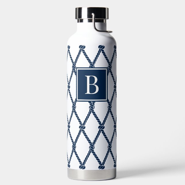Botella De Agua Coastal Preppy Nautical Monogram - White & Navy (Izquierda)