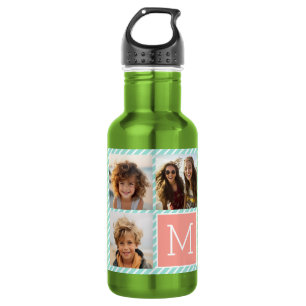 Botella De Agua Colaje de Fotos de Menta y Coral con Monograma Per
