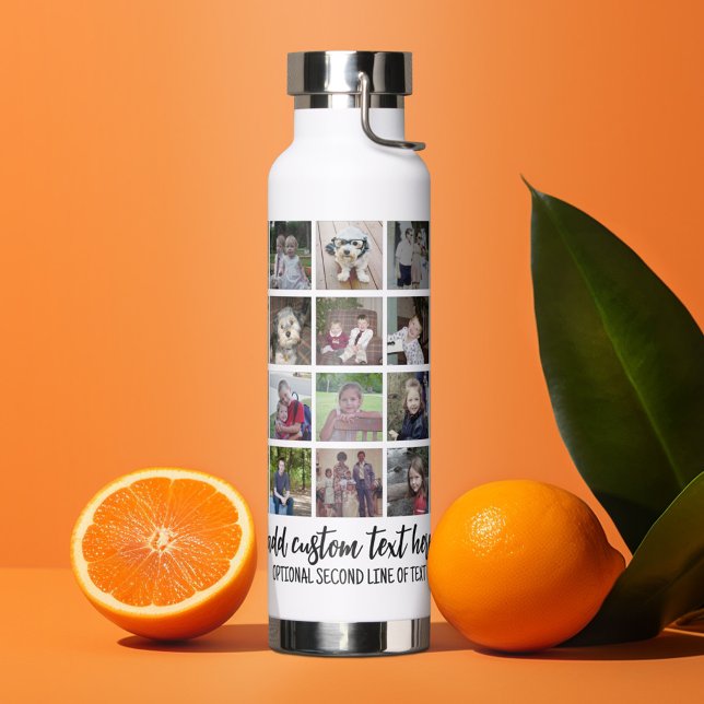 Botella De Agua Collage de fotos - 28 fotos por toda la cuadrícula (Personalized water bottle with custom text - photo collage)
