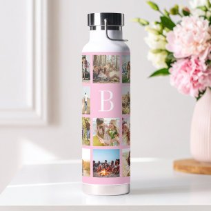 Botella De Agua Collage de fotos personalizado con monograma rosa 