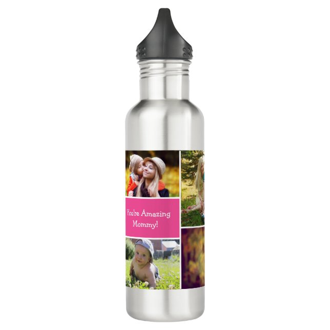 Botella De Agua Collage de varias fotos de mamá personalizada rosa (Izquierda)