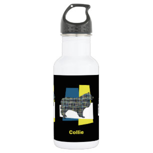 Botella De Agua Collie Rough Silhouette Yellow & Blue Grid