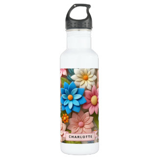 Botella De Agua Colorida primavera 3D Felt Floral Art Nombre perso