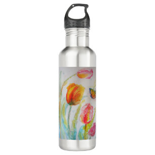 Botella De Agua Colorido Tulipán y mariposa acuarela floral