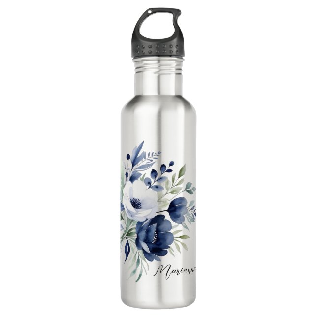 Botella De Agua Comprimido azul y floral blanco (Anverso)