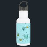 Botella de agua con estallidos atómicos del huevo<br><div class="desc">Este patrón de botellas de agua heladas atómicas de helado azul de huevo de Robin presenta estallidos atómicos icónicos. ¡Así es! La vieja escuela, el fondo de color azul óvulo de robin con especkles de oro, es el telón de fondo perfecto para los vibrantes círculos turquesa, apasionante apio y kitschy...</div>