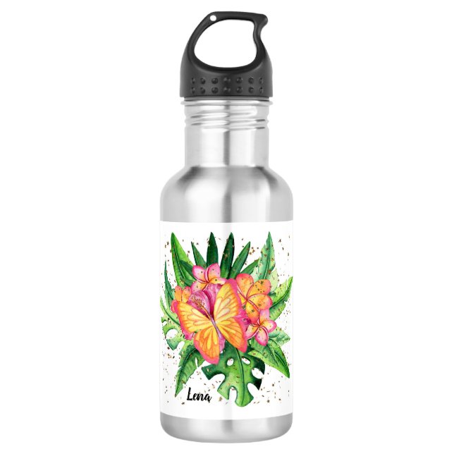 Botella de agua con flores Naranjas y mariposa (Anverso)