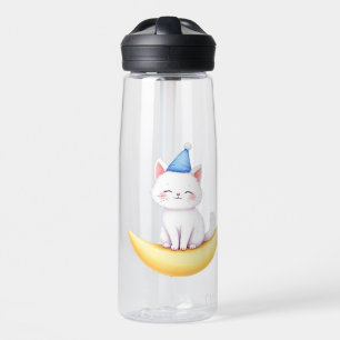 Botella de agua con gatito blanco lindo en la luna