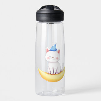 Botella de agua con gatito blanco lindo en la luna