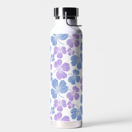 Botella de agua con hojas rosas y azules