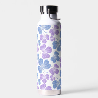 Botella de agua con hojas rosas y azules